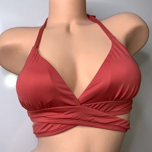 Terracotta V-Neck Wrap Halter Swimsuit Bikini Top